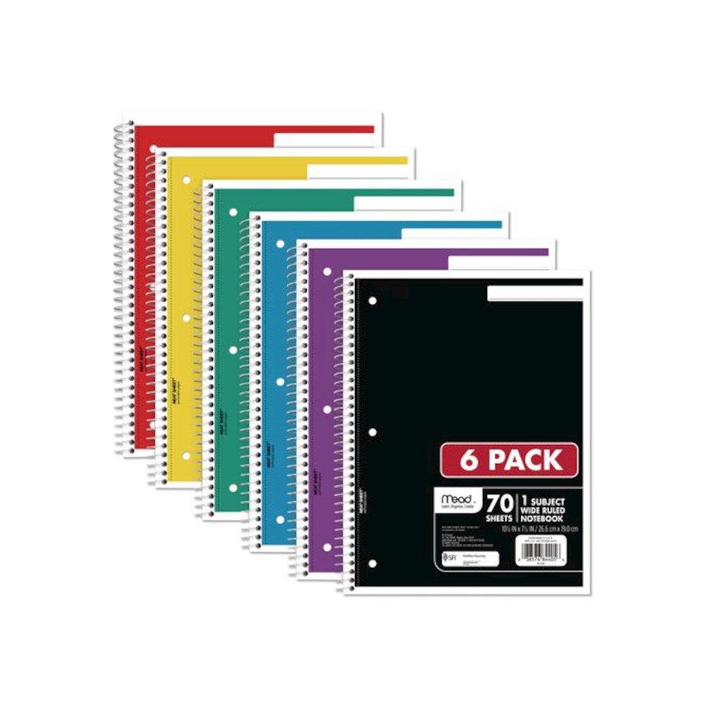 Spiral Notebook, 1-Subject, Wide/Legal Rule, Assorted Cover Colors, (70) 10.5 x 8 Sheets, 6/Pack. Picture 1