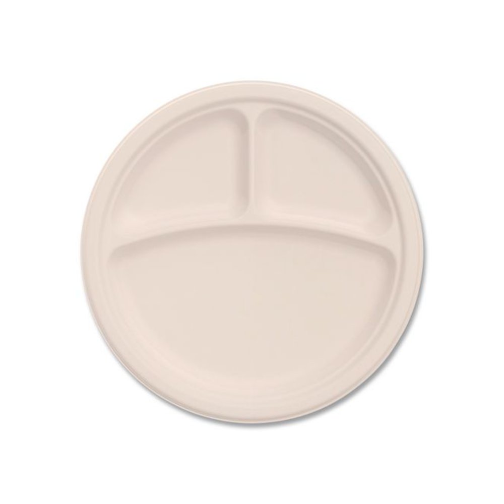 Compostable Molded Fiber Dinnerware, ProPlanet Seal, 3-Compartment Plate, 9" dia, Natural, 500/Carton. Picture 1