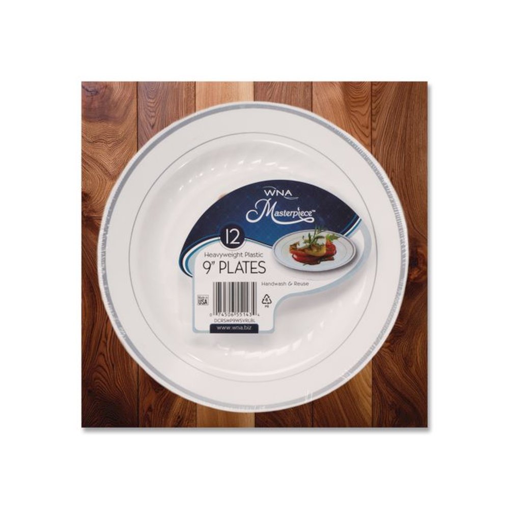 Masterpiece Plastic Plates, 9" dia, White/Silver, 10/Pack, 12 Packs/Carton. Picture 2