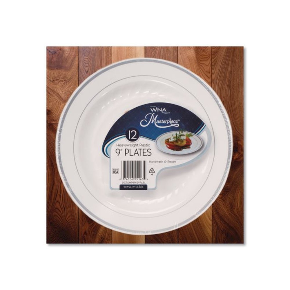 Masterpiece Plastic Dinnerware, 9" dia, White/Silver, 10/Pack. Picture 2