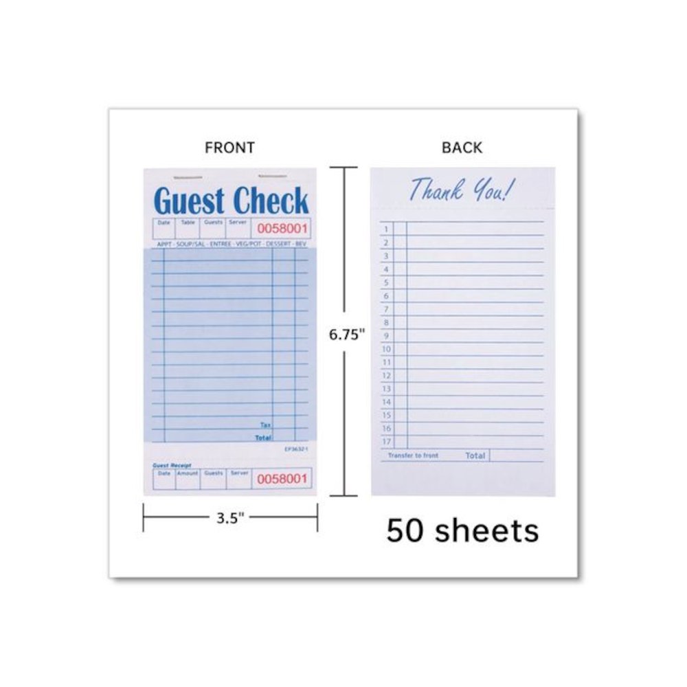 Guest Check Pad with Ruled Back, 15 Lines, One-Part (No Copies), 3.5 x 6.7, 50 Forms/Pad, 50 Pads/Carton. Picture 2