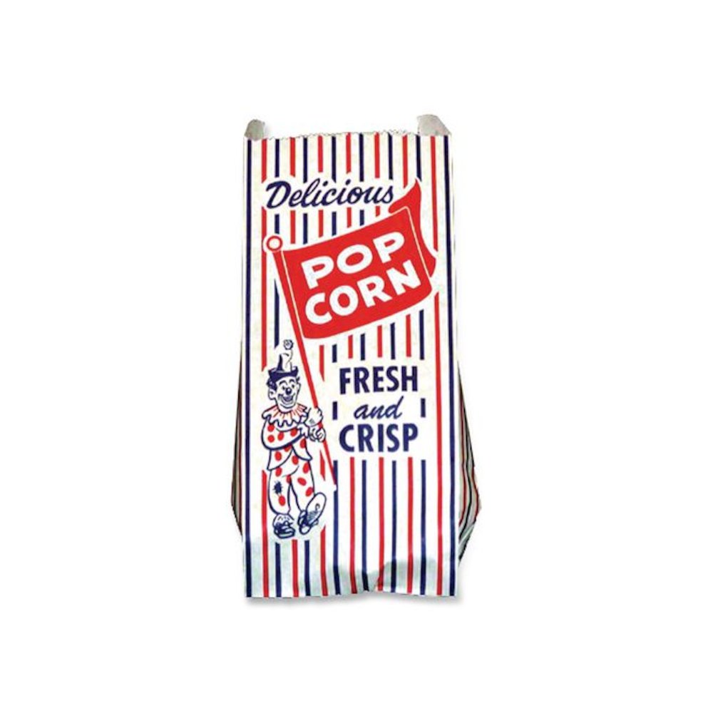 Pinch-Bottom Paper Popcorn Bag, Delicious Popcorn: Circus Clown Icon Labeling, 4" x 1.5" x 8", Red/White/Blue, 1,000/Carton. Picture 2