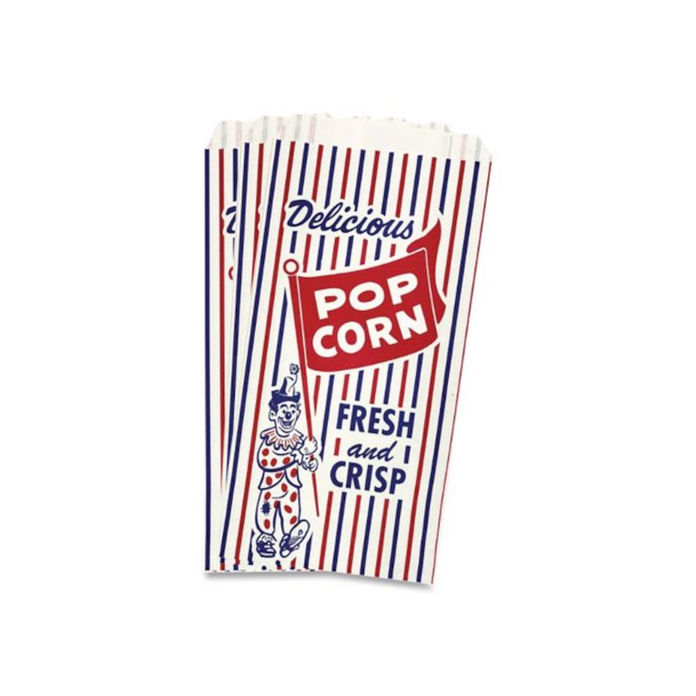 Pinch-Bottom Paper Popcorn Bag, Delicious Popcorn: Circus Clown Icon Labeling, 4" x 1.5" x 8", Red/White/Blue, 1,000/Carton. Picture 3