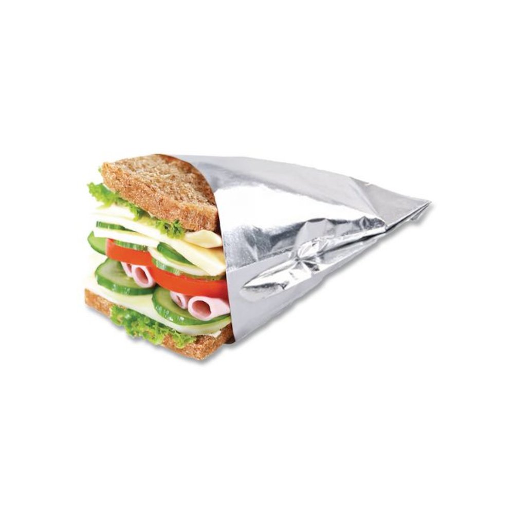 Foil Single-Serve Bags, Unlabeled Burger, 6" x 0.75" x 6.5", Silver, 1,000/Carton. Picture 4