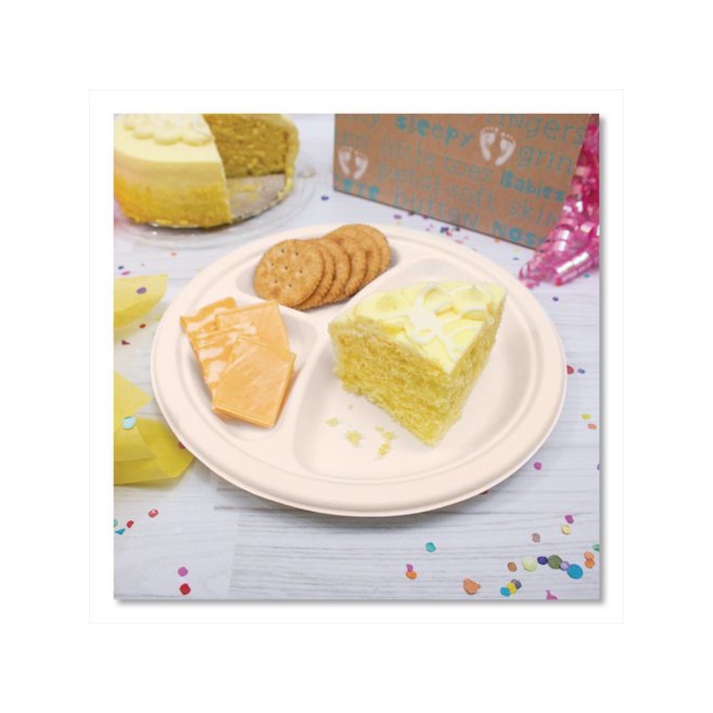 Compostable Molded Fiber Dinnerware, ProPlanet Seal, 3-Compartment Plate, 9" dia, Natural, 500/Carton. Picture 7