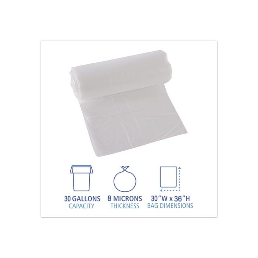 High-Density Can Liners, 30 gal, 8 mic, 30" x 36", Natural, Perforated Roll, 25 Bags/Roll, 20 Rolls/Carton. Picture 9