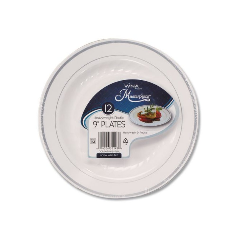 Masterpiece Plastic Dinnerware, 9" dia, White/Silver, 10/Pack. Picture 3