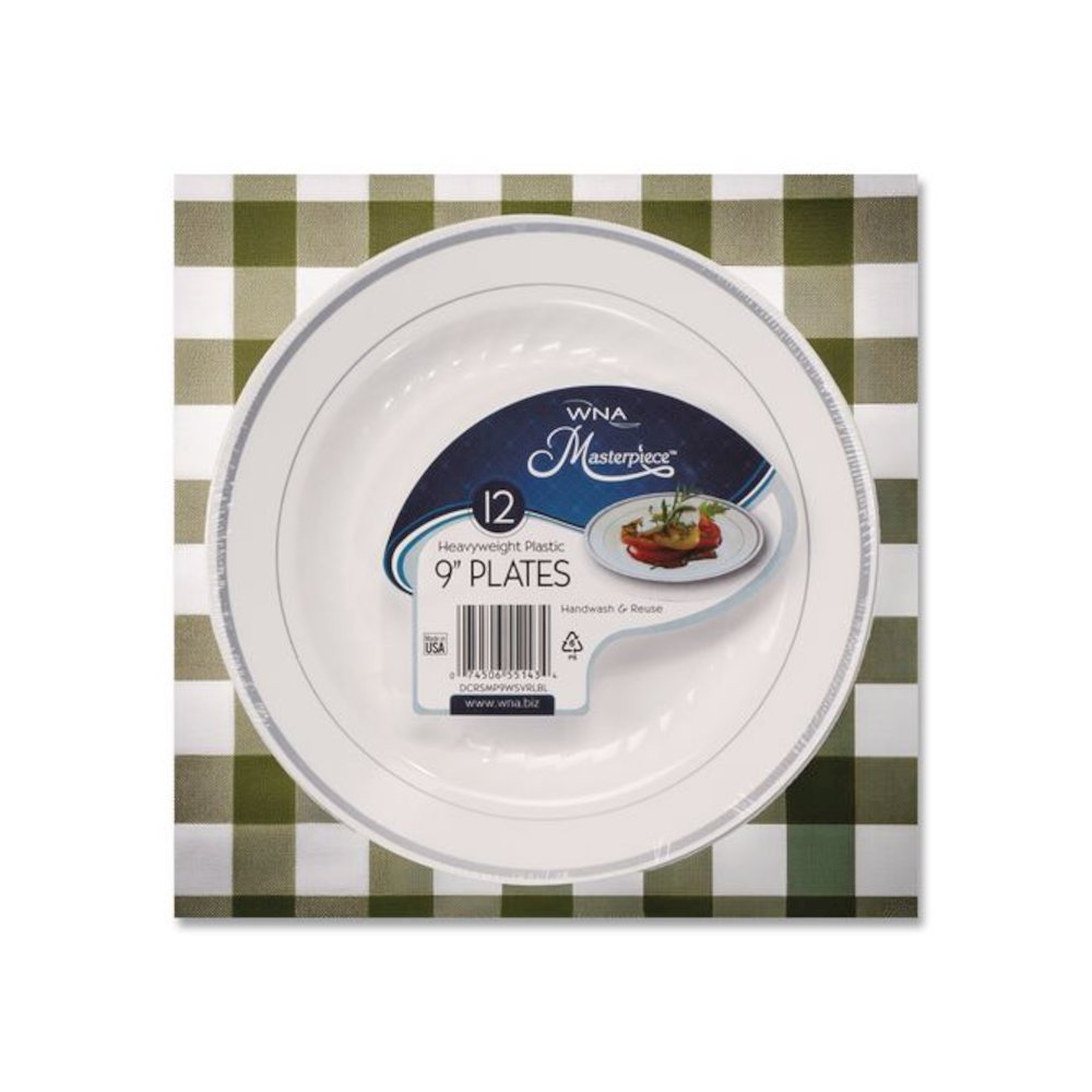 Masterpiece Plastic Plates, 9" dia, White/Silver, 10/Pack, 12 Packs/Carton. Picture 3