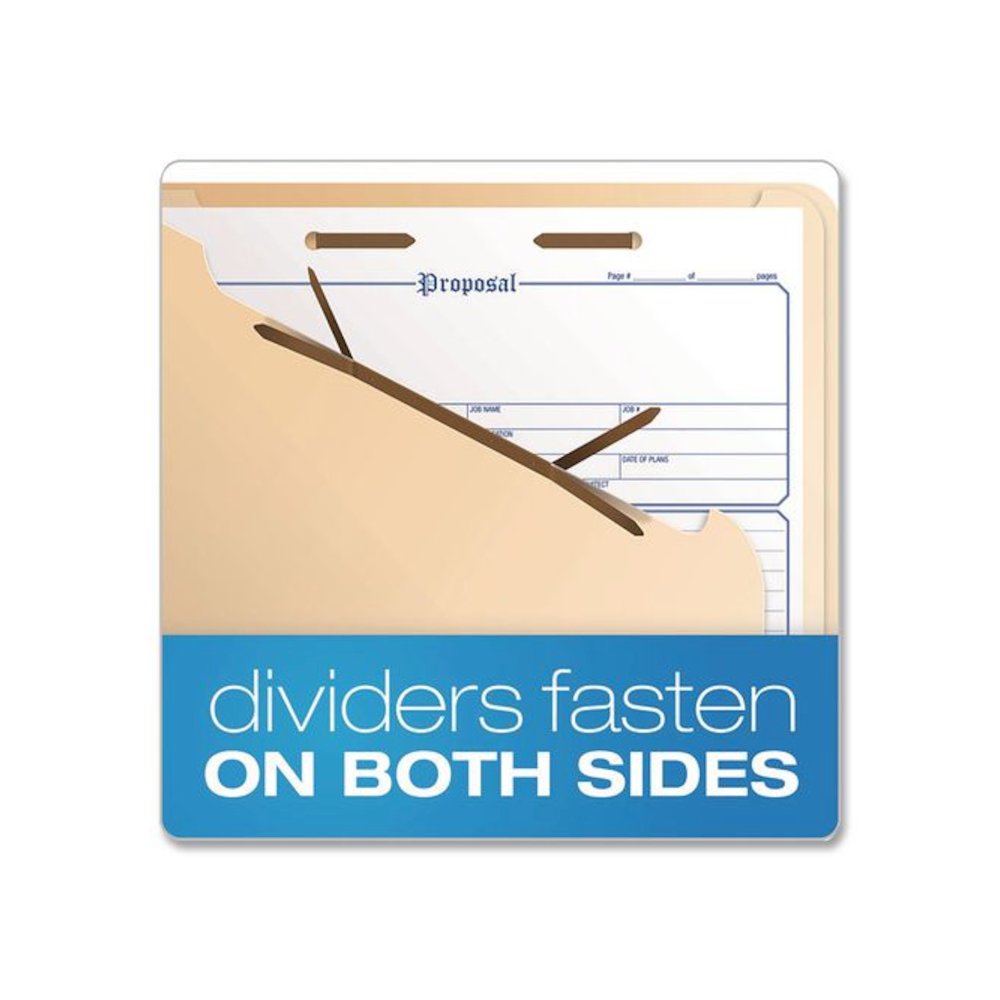 Manila Top Tab Classification Folders, 2/5-Cut Tab, Expands 1.75", 2 Dividers, 6 Fasteners, Letter Size, Manila, 10/Box. Picture 4