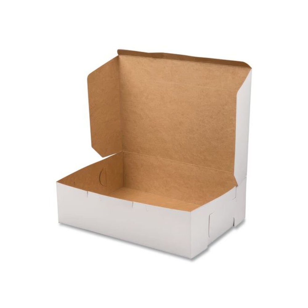 White One-Piece Non-Window Bakery Boxes, 1/4-Sheet Cake Box, 14 x 10 x 4, White, Paper, 100/Carton. Picture 2