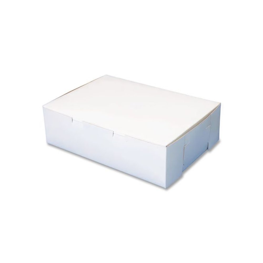 White One-Piece Non-Window Bakery Boxes, 1/4-Sheet Cake Box, 14 x 10 x 4, White, Paper, 100/Carton. Picture 4
