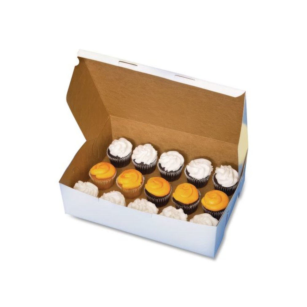 White One-Piece Non-Window Bakery Boxes, 1/4-Sheet Cake Box, 14 x 10 x 4, White, Paper, 100/Carton. Picture 5