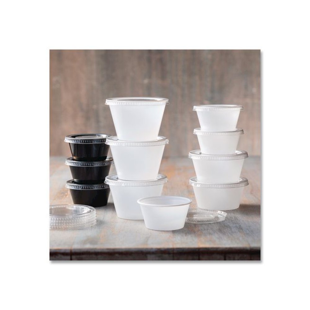 Portion Cup Lids, Fits 1.5 oz to 2.5 oz Portion Cups, Plastic, Clear, 125/Sleeve, 20 Sleeves/Carton. Picture 4