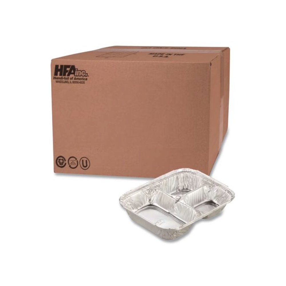 Aluminum Oblong Container with Lid, 3 Compartments, 24 oz, 8.5 x 6.38 x 1.47, Silver, 250/Carton. Picture 1