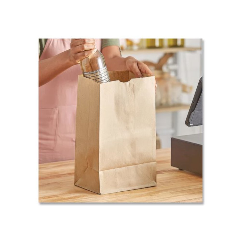 Grocery Paper Bags, 20# Squat Size, 40# Basis Weight, 8.13" x 5.88" x 12.5", Kraft, 500/Bundle. Picture 4