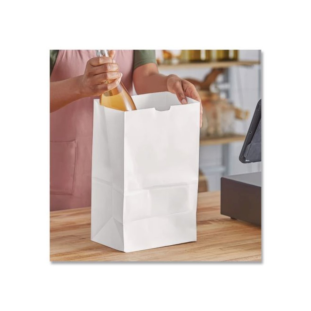 Grocery Paper Bags, 20# Squat Size, 40# Basis Weight, 8.13" x 5.88" x 12.5", White, 500/Bundle. Picture 4