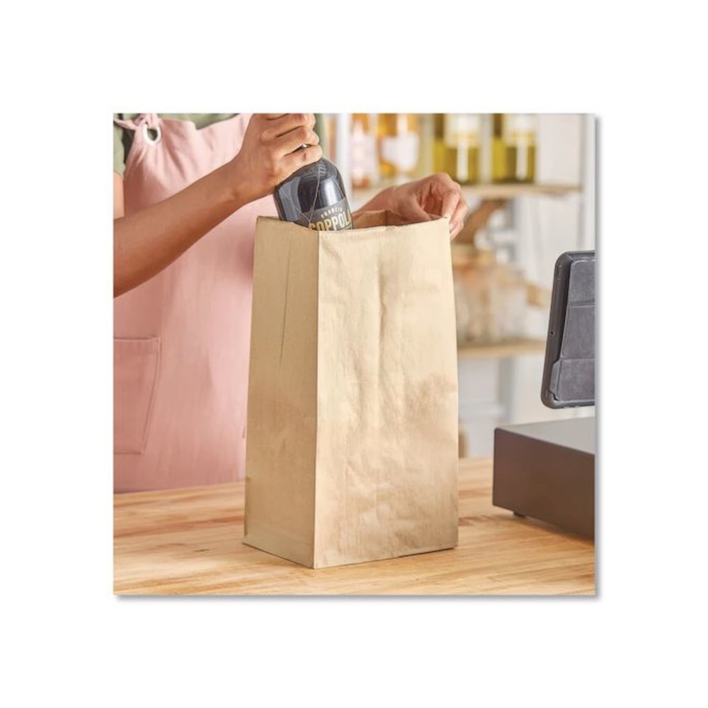 Grocery Paper Bags, 25# Squat Size, Extra-Heavy-Duty, 60# Basis Weight, 8.25" x 5.25" x 16.13", Kraft, 500/Bundle. Picture 3