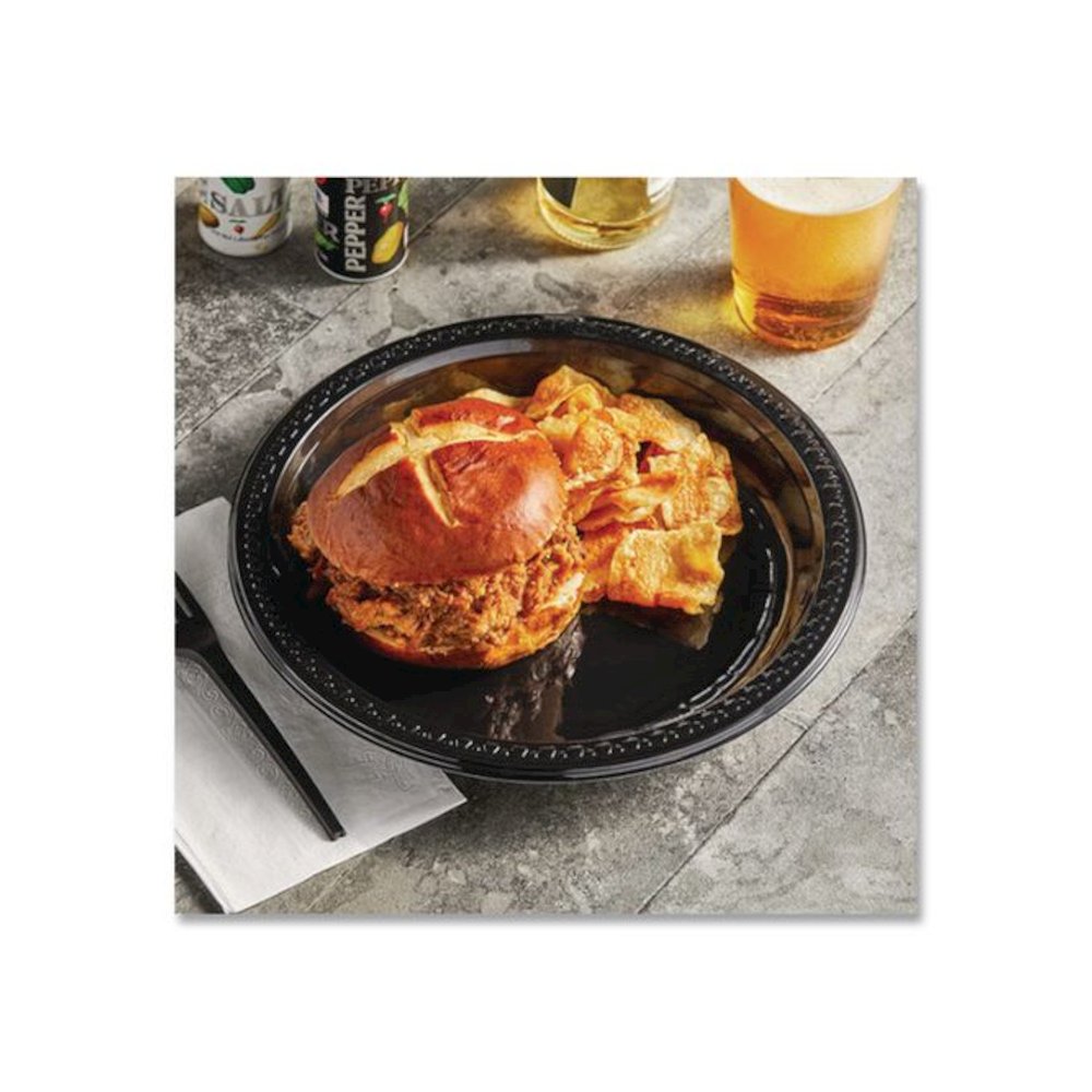 Heavyweight Plastic Plates, 9" dia, Black, 125/Pack, 4 Packs/Carton. Picture 4