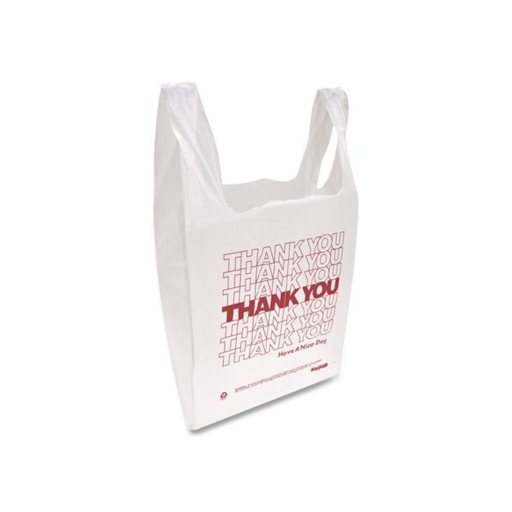 HDPE T-Shirt Bags, Thank You - Have a Nice Day Labeling, Cut-Out Handles, 12" x 7" x 23", White/Red, 500/Carton. Picture 2