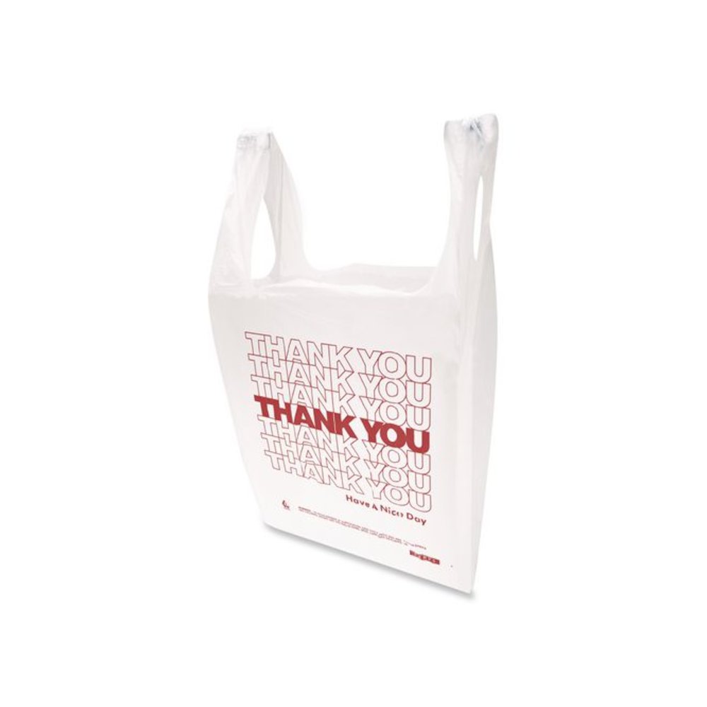 HDPE T-Shirt Bags, Thank You - Have a Nice Day Labeling, Cut-Out Handles, 12" x 7" x 23", White/Red, 500/Carton. Picture 3