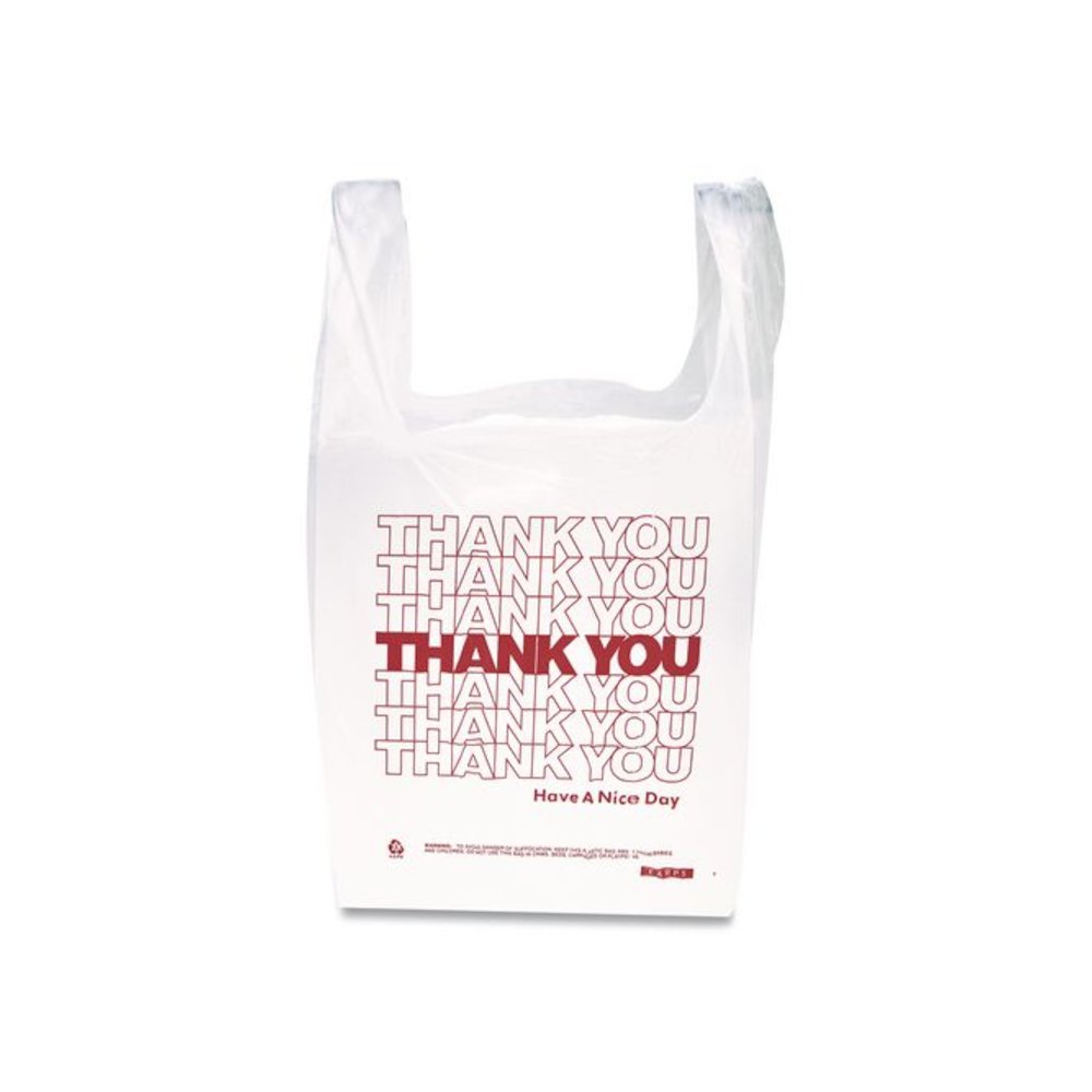 HDPE T-Shirt Bags, Thank You - Have a Nice Day Labeling, Cut-Out Handles, 12" x 7" x 23", White/Red, 500/Carton. Picture 4
