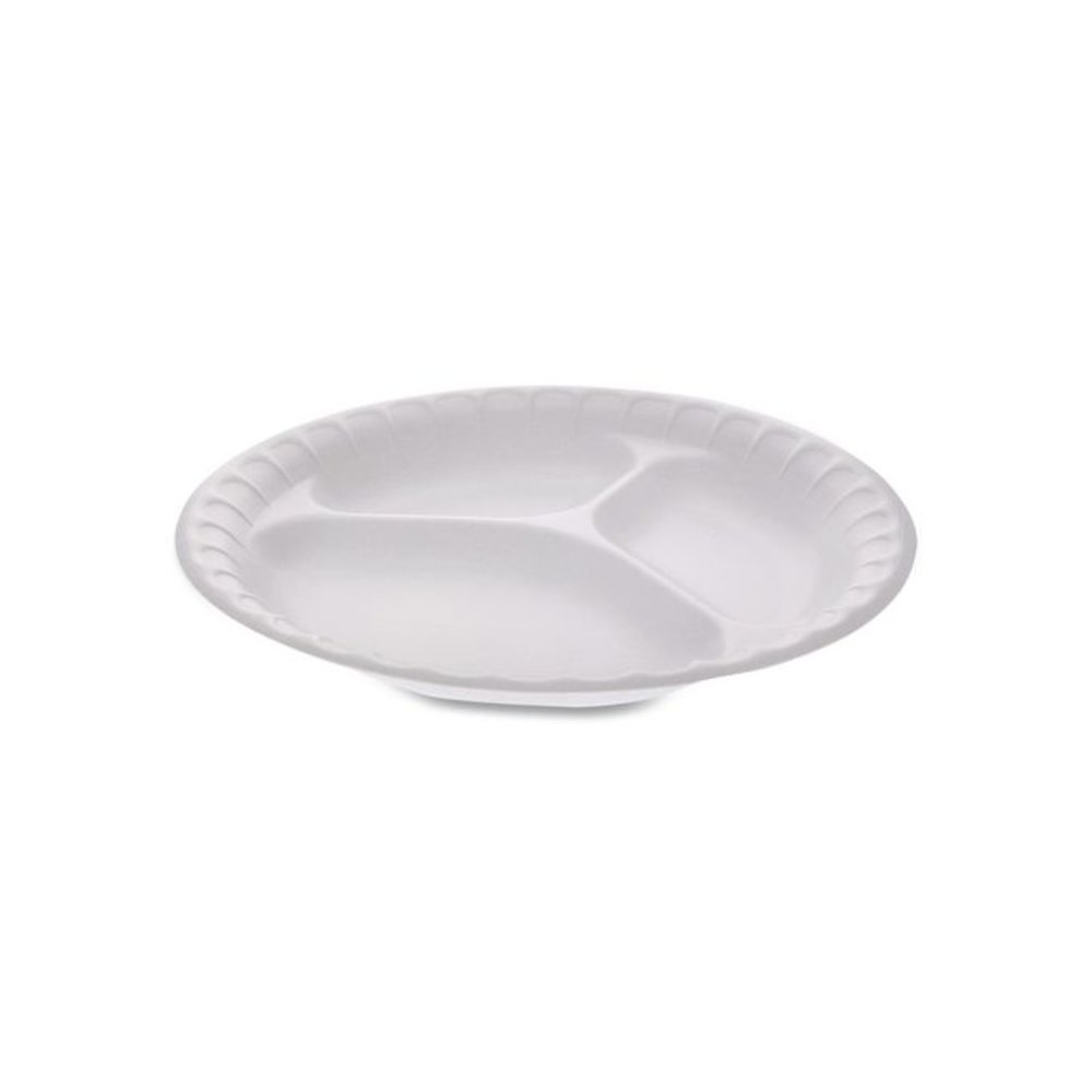 Placesetter Satin Non-Laminated Foam Dinnerware, 3-Compartment Plate, 9" dia, White, 500/Carton. Picture 1