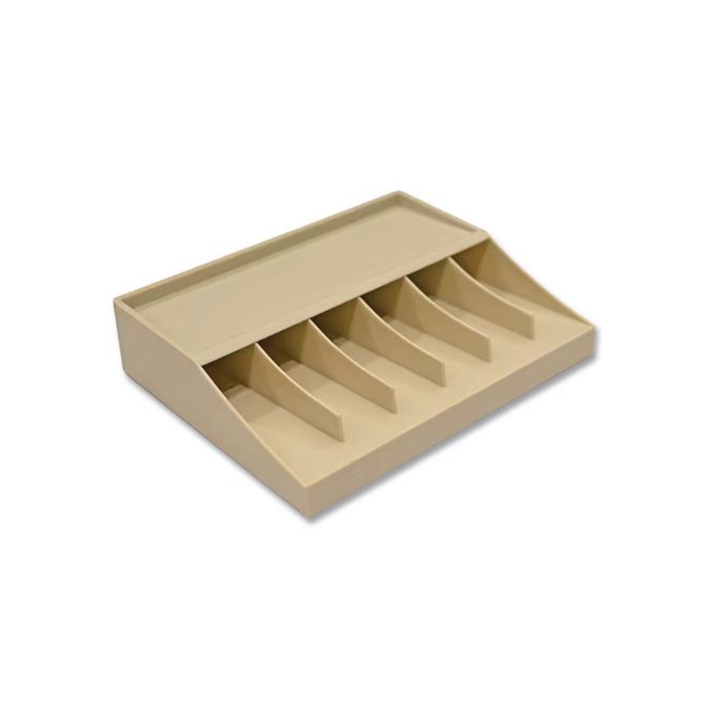 Coin Wrapper and Bill Strap Single-Tier Rack, 6 Compartments, 10" x 8.5" x 3", Pebble Beige. Picture 4