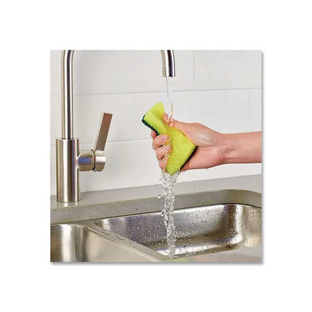 Estracell Heavy Duty Scrub Sponge, 4.9 x 2.9, 0.8" Thick, Yellow/Green, 12/Carton. Picture 4