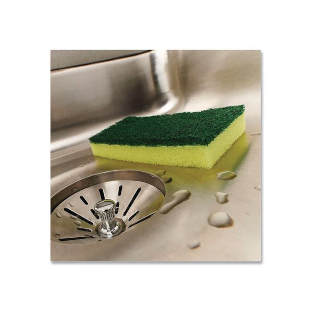 Estracell Heavy Duty Scrub Sponge, 4.9 x 2.9, 0.8" Thick, Yellow/Green, 12/Carton. Picture 5