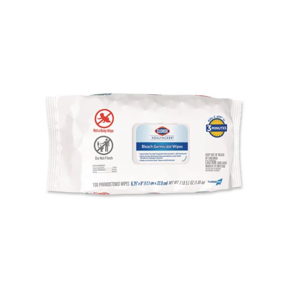 Bleach Germicidal Wipes, Disinfectant Wipes, 1-Ply, 6.75 x 9, Unscented, White, 100 Wipes/Flex-Pack, 6 Flex-Packs/Carton. Picture 2