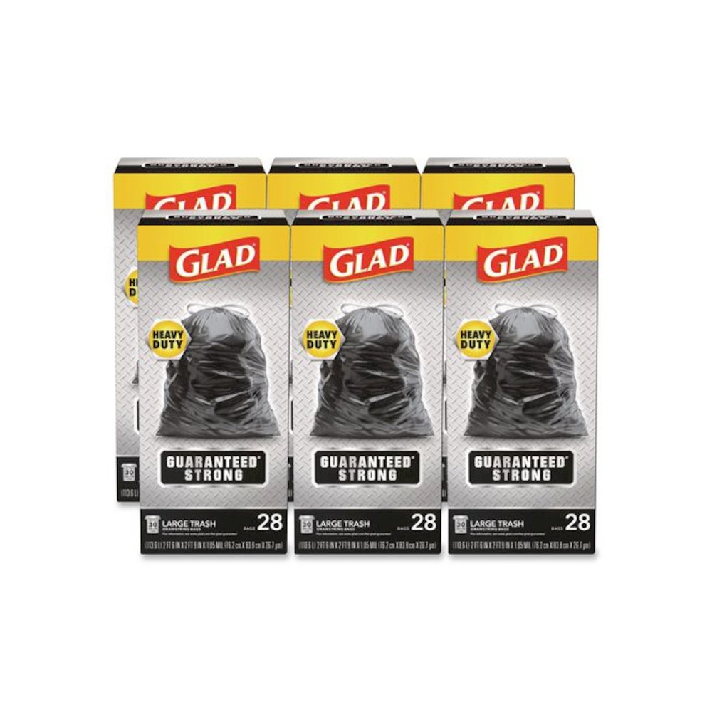 Guaranteed Strong Large Drawstring Trash Bags, Three-Ply, 30 gal, 1.05 mil, 30 x 33, Black, 28 Bags/Box, 6 Boxes/Carton. Picture 1