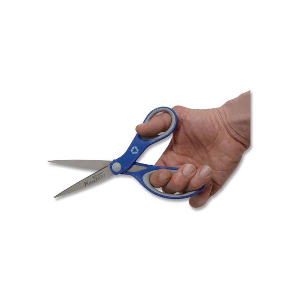 KleenEarth Soft Handle Scissors, 8" Long, 3.25" Cut Length, Straight Blue/Gray Handle. Picture 4