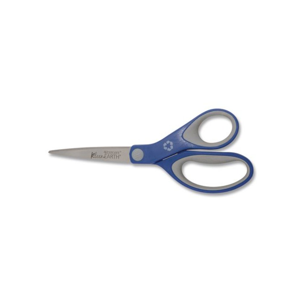 KleenEarth Soft Handle Scissors, 8" Long, 3.25" Cut Length, Straight Blue/Gray Handle. Picture 1