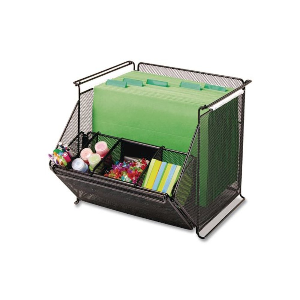 Onyx Stackable Mesh Storage Bin, 4 Compartments, Steel Mesh, 14 x 15.5 x 11.75, Black. Picture 3