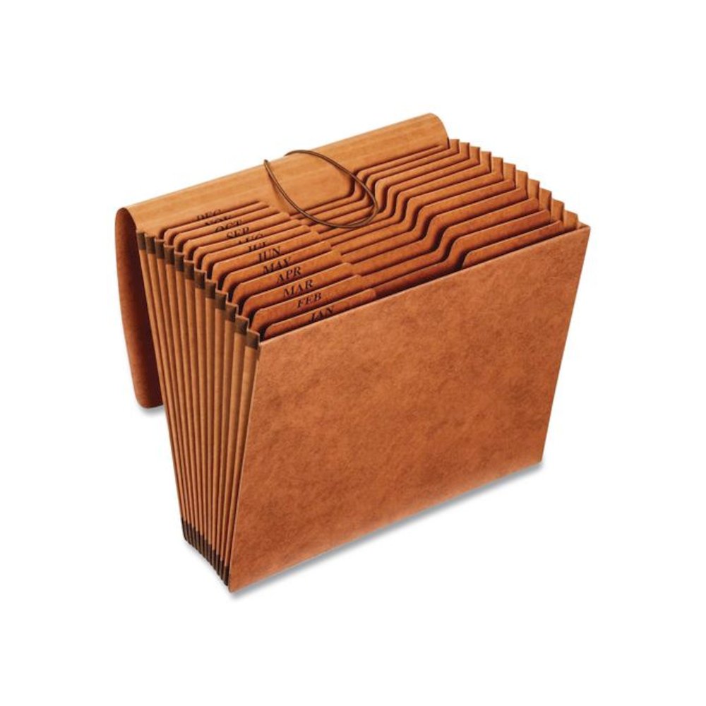 Heavy-Duty Expanding File with Reinforced Flap, 12 Sections, Elastic Cord Closure, 1/3-Cut Tabs, Letter Size, Redrope. Picture 1