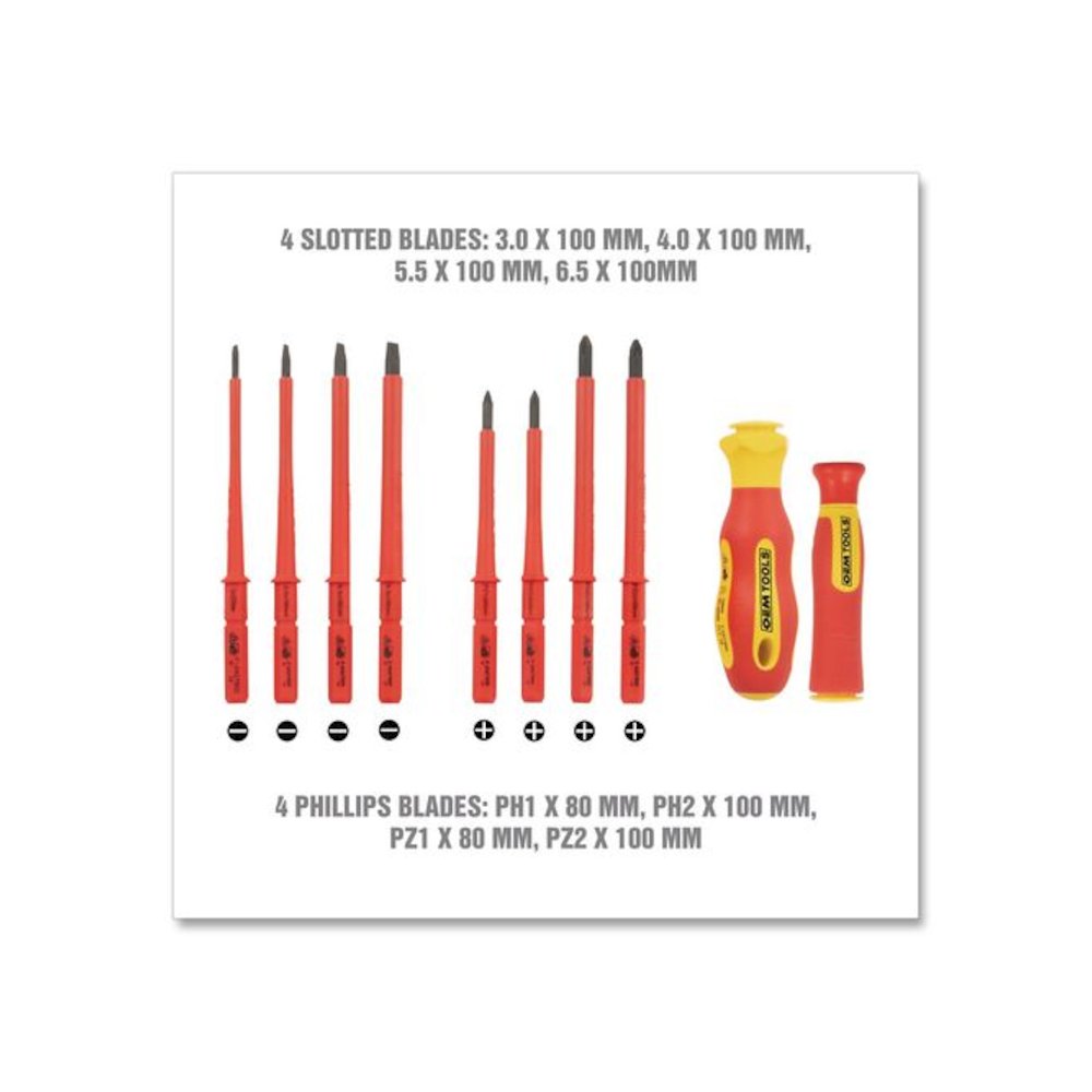 Insulated 10-Piece Interchangeable Bit Screwdriver Set, Metric Phillips and Slotted Blade Bits, Orange/Yellow Handle. Picture 4