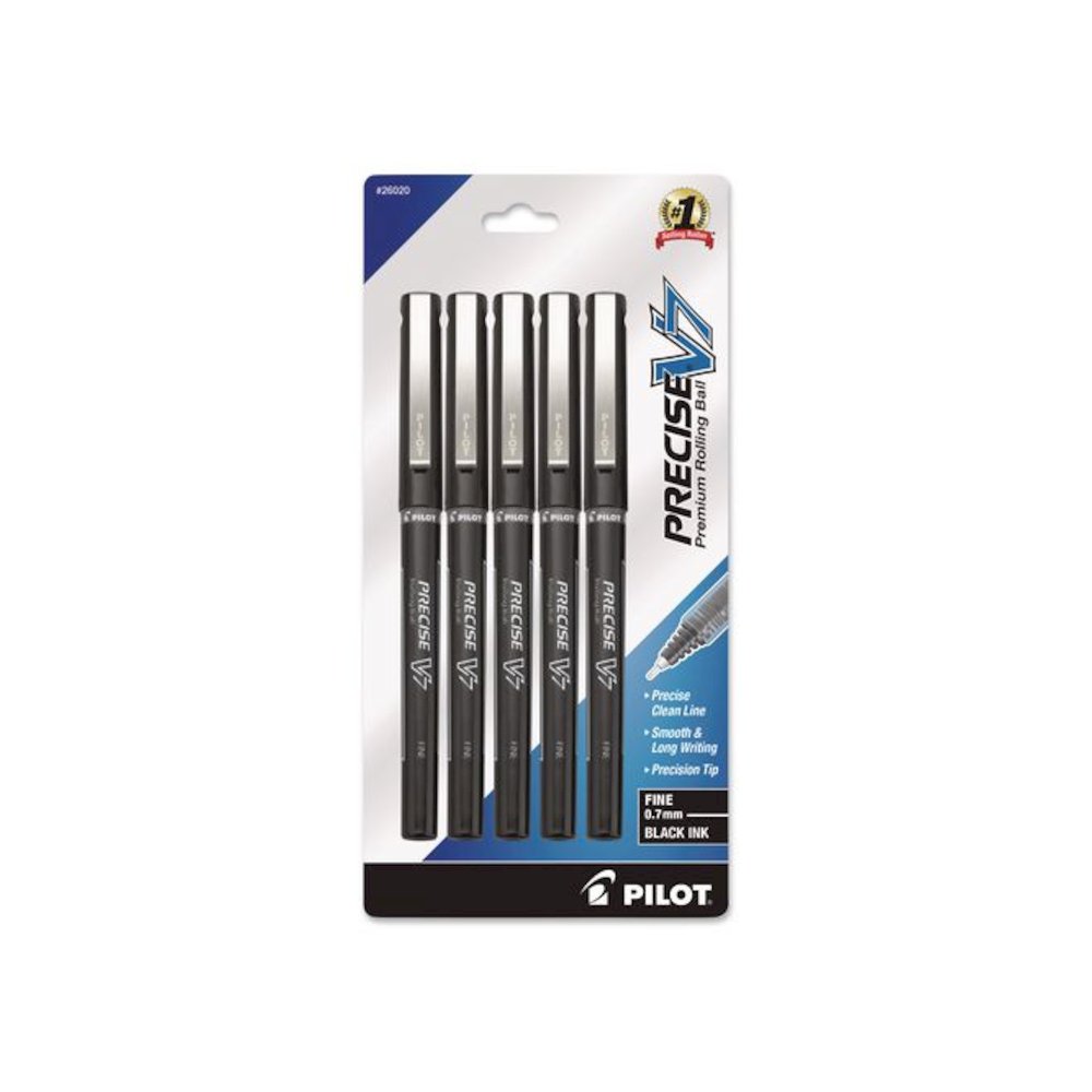 Precise V7 RollerBall Pen, Stick, Fine 0.7 mm, Black Ink, Black/Clear Barrel, 5/Pack. Picture 1