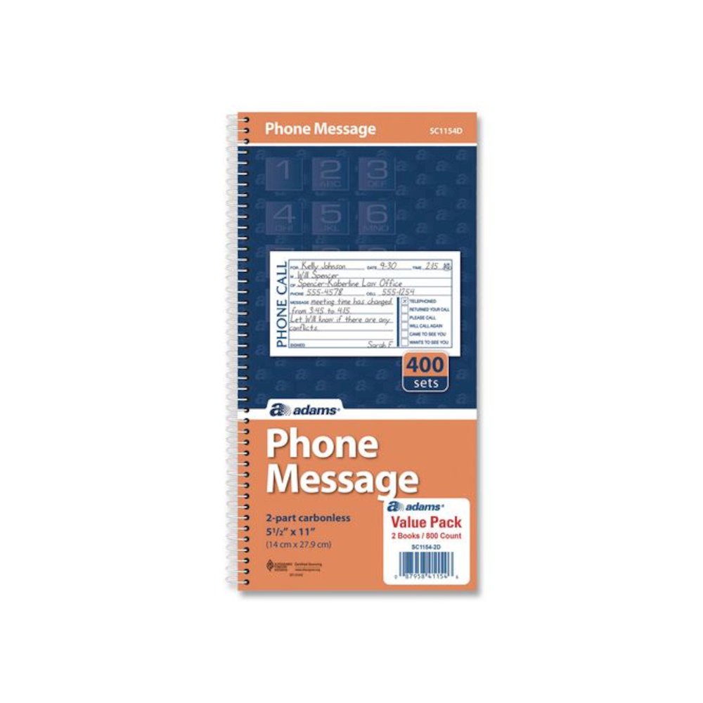 Wirebound Telephone Message Book, Two-Part Carbonless, 4.75 x 2.5, 4 Forms/Sheet, 400 Forms Total, 2/Pack. Picture 1