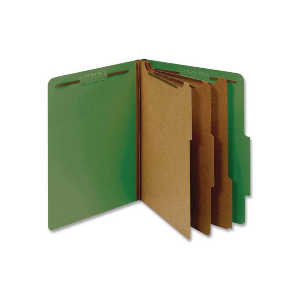 Pressboard Top Tab Classification Folders, 2/5-Cut Tab, Expands 3.5", 3 Dividers, 8 Fasteners, Letter Size, Dark Green, 10/BX. Picture 1