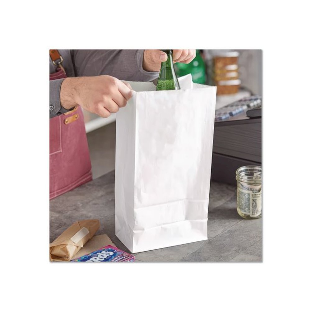 Grocery Paper Bags, 20# Size, 40# Basis Weight, 8.25" x 5.25" x 16.13", White, 500/Bundle. Picture 4