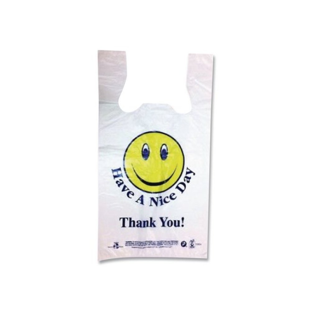 Smiley Face Shopping Bags, Thank You - Have a Nice Day Labeling, Cut-Out Handles, 11.5" x 6.5" x 21", White/Red, 900/Carton. Picture 2
