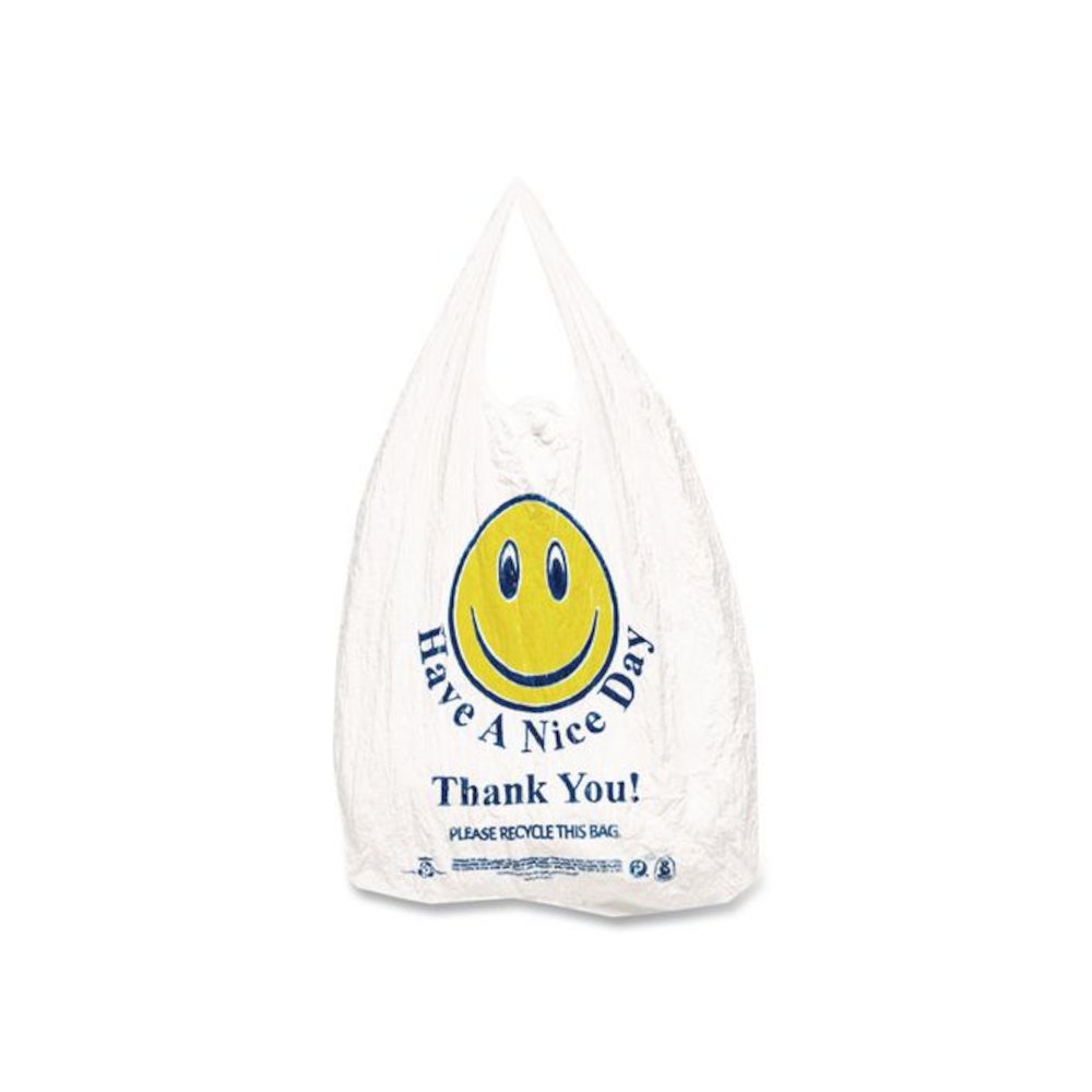 Smiley Face Shopping Bags, Thank You - Have a Nice Day Labeling, Cut-Out Handles, 11.5" x 6.5" x 21", White/Red, 900/Carton. Picture 3