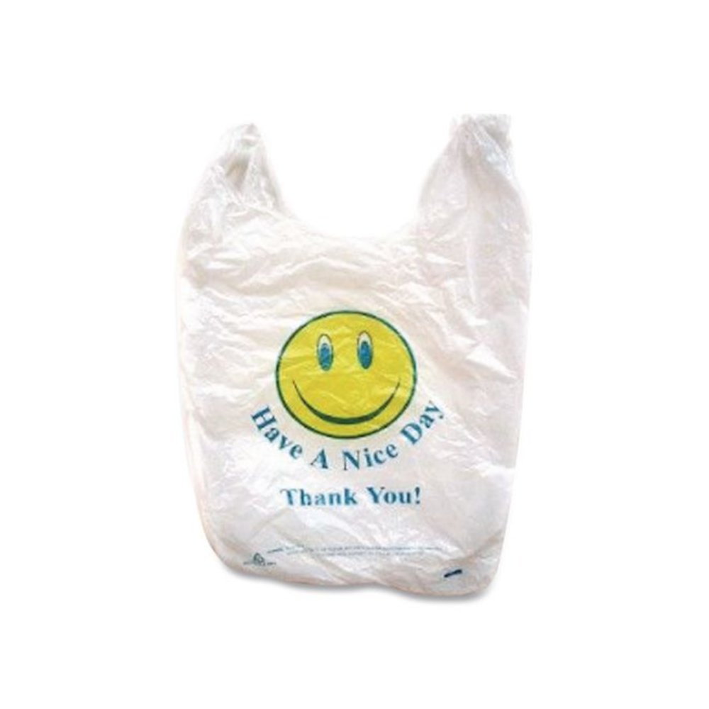 Smiley Face Shopping Bags, Thank You - Have a Nice Day Labeling, Cut-Out Handles, 11.5" x 6.5" x 21", White/Red, 900/Carton. Picture 4