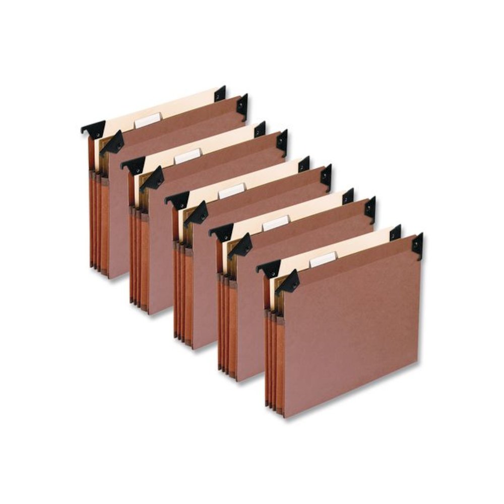 Premium Expanding Hanging File Pockets with Swing Hooks and Dividers, 3 Dividers with 1/5-Cut Tabs, Letter Size, Brown, 5/Box. Picture 1