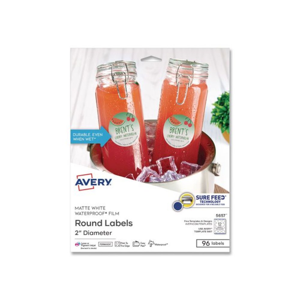 Waterproof Round Labels with Sure Feed Technology, Laser/Pigment-Based Inkjet, 2" dia, Matte White, 12/Sheet, 8 Sheets/Pack. Picture 1