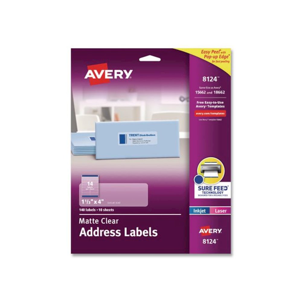 Matte Clear Address Labels with Sure Feed Technology, Inkjet/Laser, 1.33 x 4, 14/Sheet, 10 Sheets/Pack. Picture 1