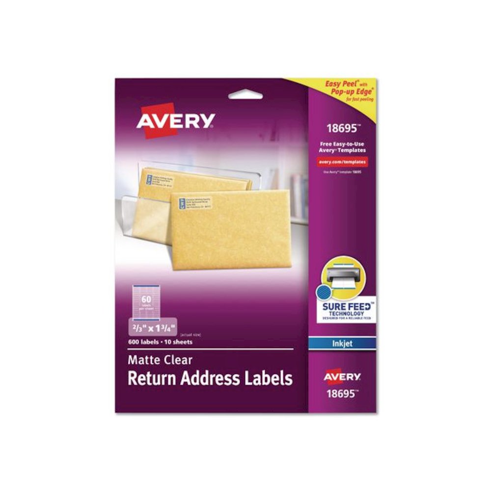 Easy Peel Return Address Labels with Sure Feed Technology, Inkjet, 0.66 x 1.75, Matte Clear, 60/Sheet, 10 Sheets/Pack. Picture 1