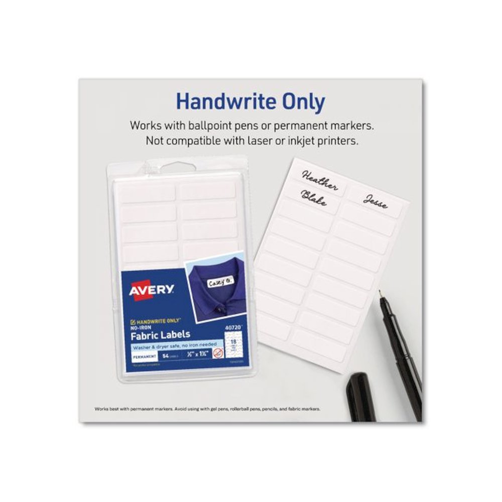 No-Iron Fabric Labels, Handwrite Only, 0.5 x 1.75, White, 18/Sheet, 10 Sheets/Pack. Picture 5