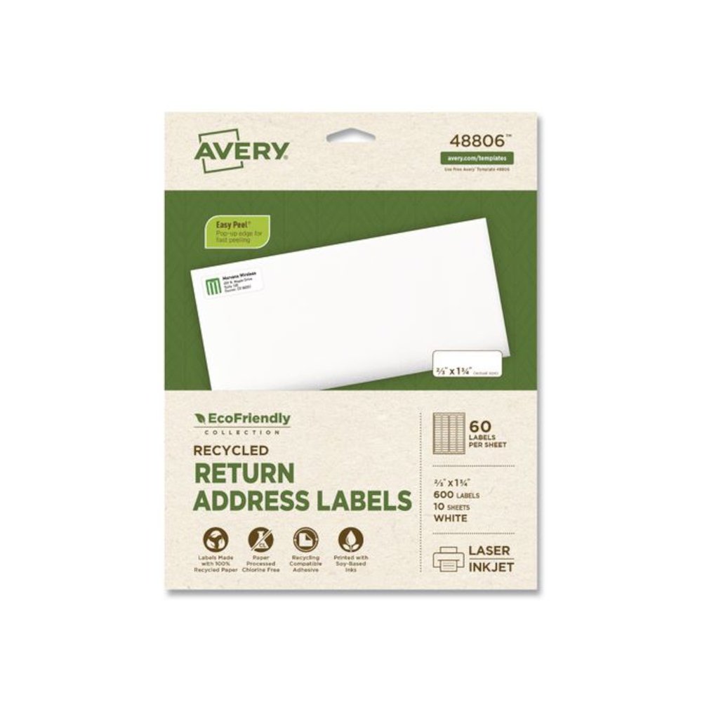 EcoFriendly Recycled Return Address Labels, Inkjet/Laser, 0.66 x 1.75, White, 60/Sheet, 10 Sheets/Pack. Picture 1