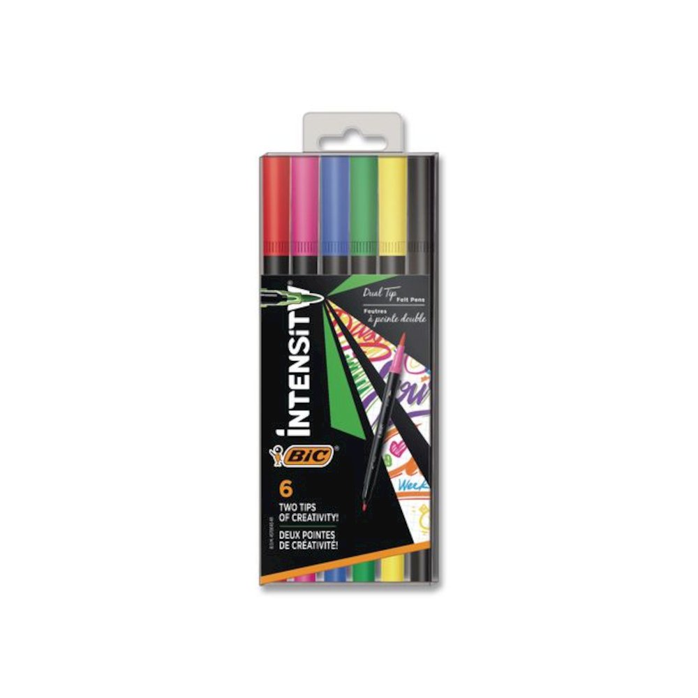 Intensity Fineliner Dual Tip Felt Pen, Stick, Fine 0.7 mm Bullet, Pressure-Sensitive Brush, Assorted Ink/Barrel Colors, 6/PK. Picture 1
